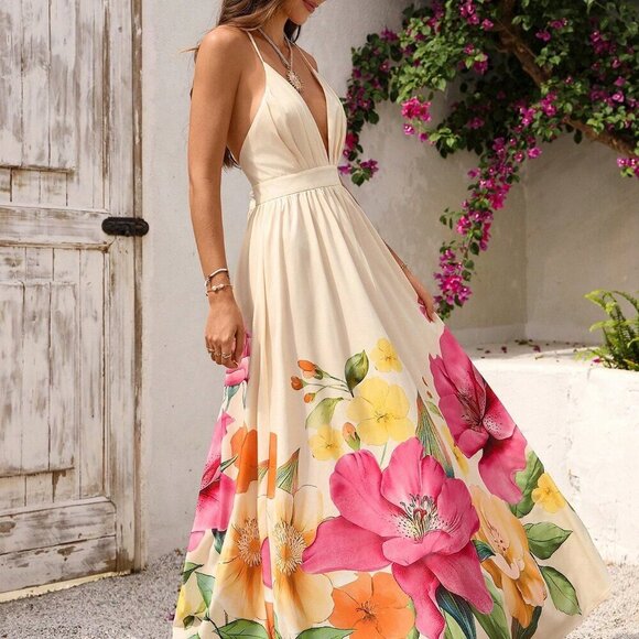 Multicolor Boho Vacay Women's Floral Print Deep V Neck Backless Maxi Dress - Picture 1 of 11